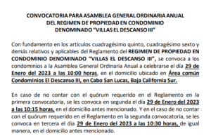 CONVOCATORIA PARA ASAMBLEA GENERAL ORDINARIA ANUAL DEL REGIMEN DE PROPIEDAD EN CONDOMINIO DENOMINADO“VILLAS EL DESCANSO III”