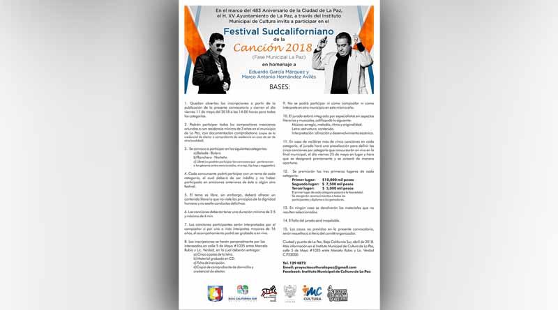 Continúa abierta la convocatoria del Festival Sudcaliforniano de la Canción fase municipal La Paz Continúa abierta la Convocatoria del Festival Sudcaliforniano de la Canción fase municipal La Paz
