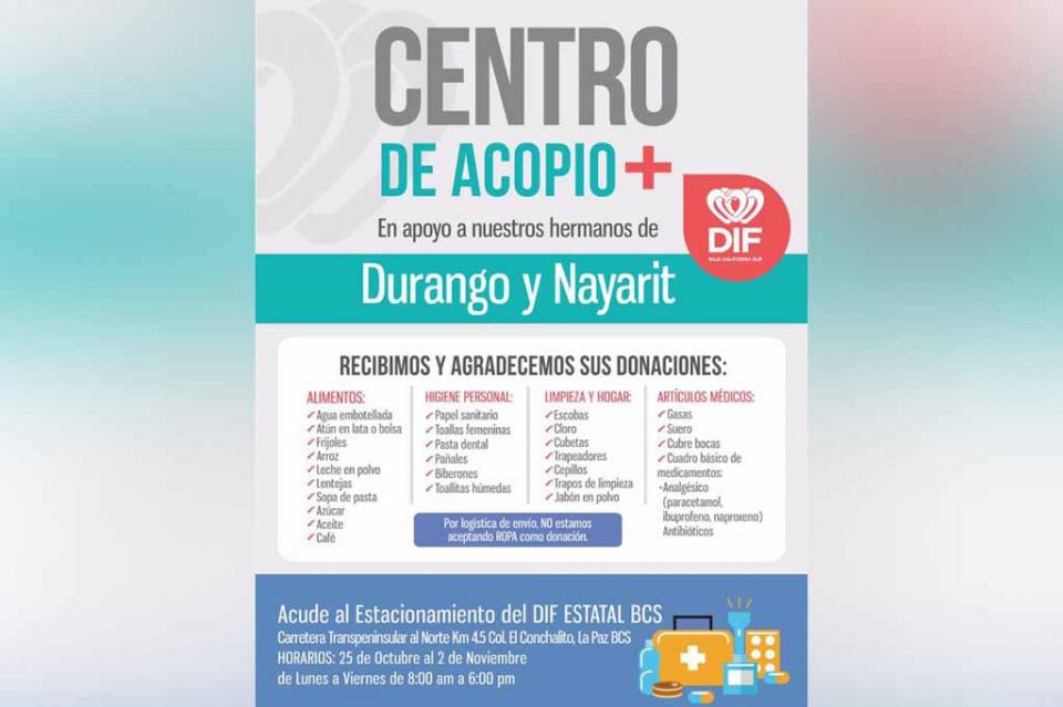 Instala SEDIF centro de acopio para las familias afectadas por el Huracán Willa Instala SEDIF centro de acopio para las familias afectadas por el Huracán Willa