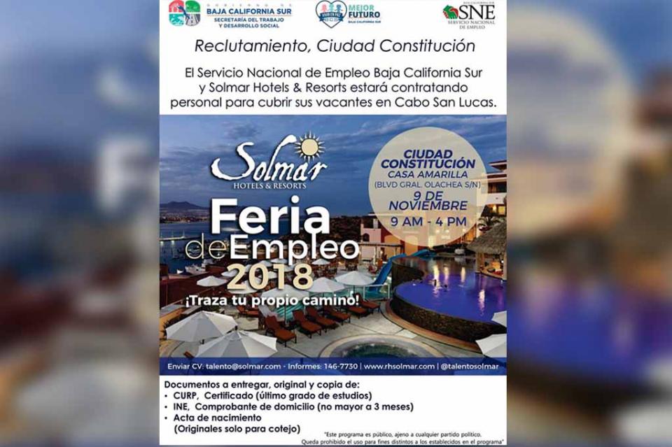 Se realizará Feria de Empleo para hoteles de los cabos en ciudad constitución Se realizará Feria de Empleo para hoteles de Los Cabos, en Ciudad Constitución