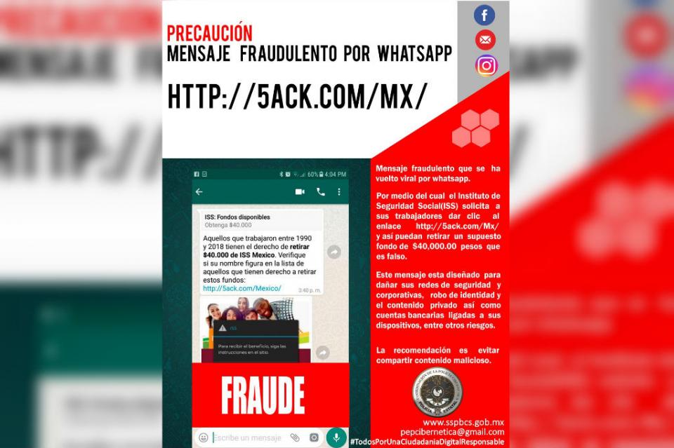 alerta2 Advierte SSPE sobre mensaje malicioso de ISS que circula en Whatsapp