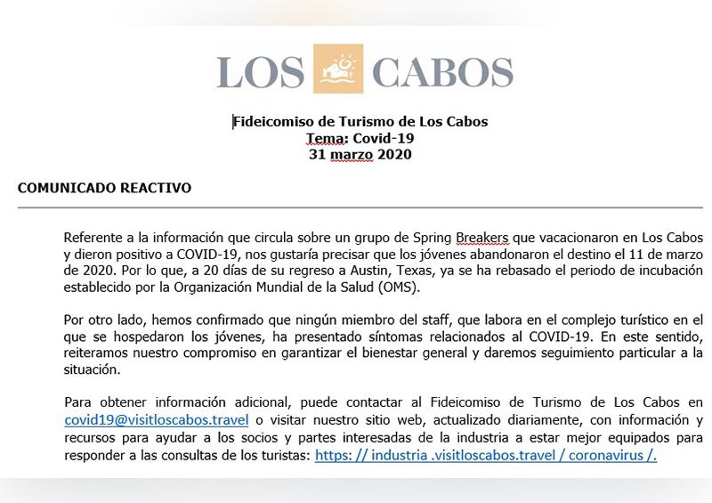 nuh Empresarios de Los Cabos desmienten que Spring Breakers contrajeran Covid-19 en el municipio