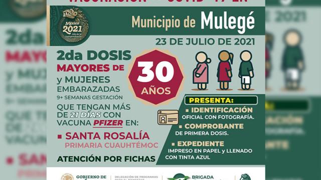 Este viernes se aplican segundas dosis a mayores de 30 años en Santa Rosalía Vacunación para 30 y más en Mulegé